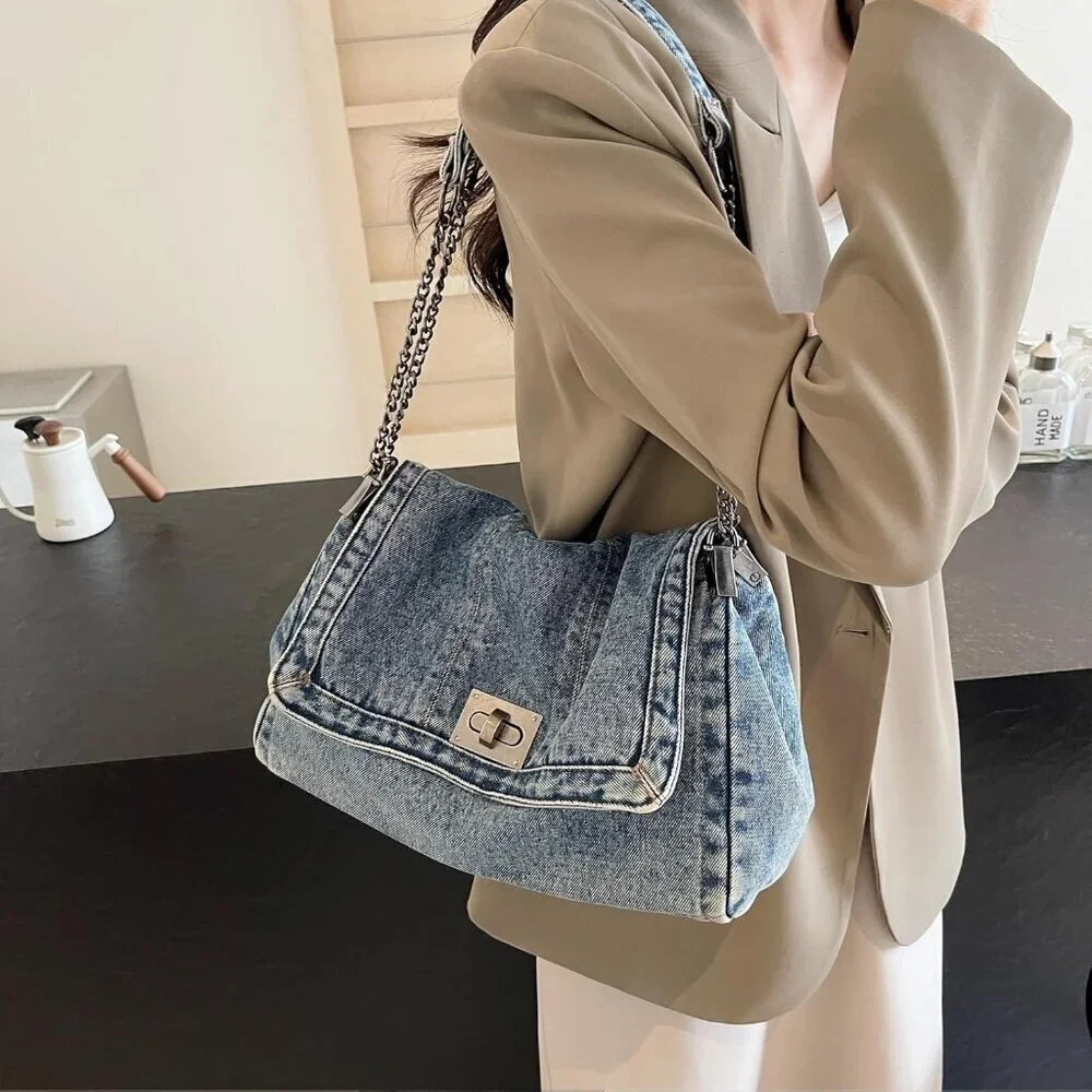 Denim Tote Bag Women Casual Retro Crossbody Shoulder Bag Handbag Durable
